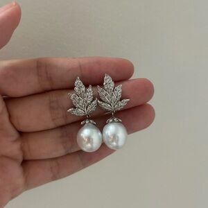 Australian White South Sea Pearl Sterling Silver Maple Leaf Earrings 12mm